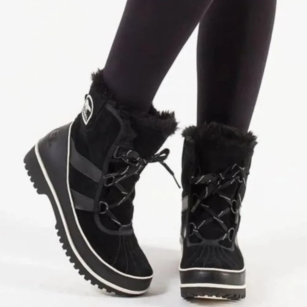 SOREL 7.5 Women’s Black White Trim Leather Suede Tivoli II Faux Fur Ankle Boots